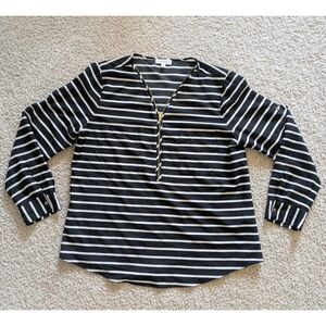 Calvin Klein Flowy Black and White Striped Roll Up Long Sleeve Top Sz L